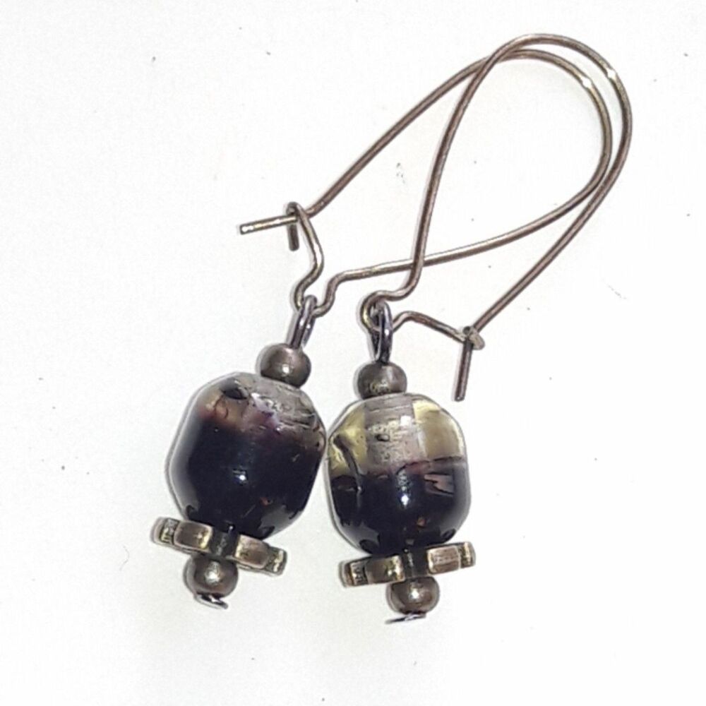 Artisan Beadwork Brown Glass handmade SemiHoops earrings Black earrings 485■